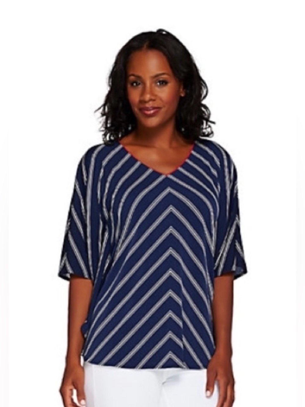 Susan Graver Liquid Knit V-Neck Navy Blue White Stripe Scarf Top 1X